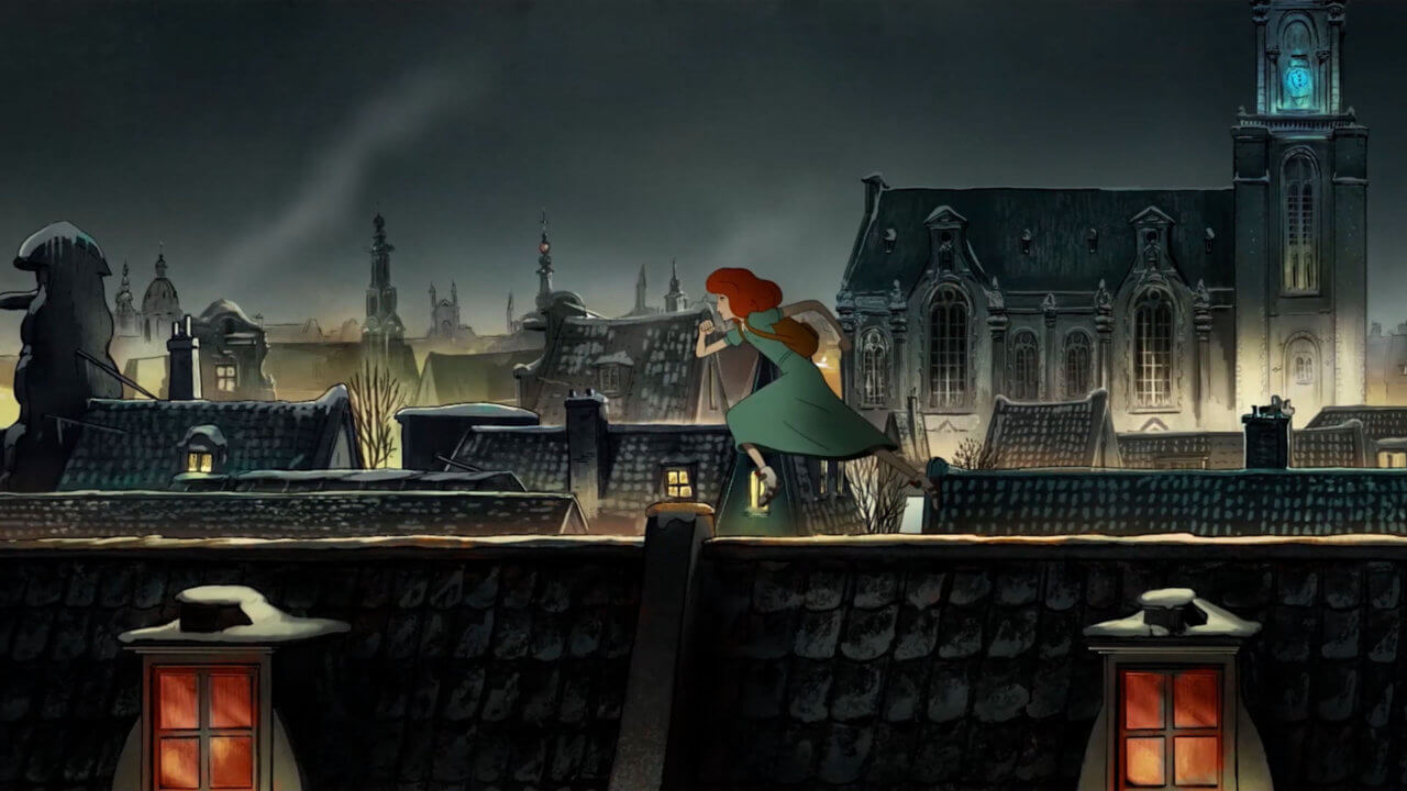 An animated girl runs atop of a roof in the dark.